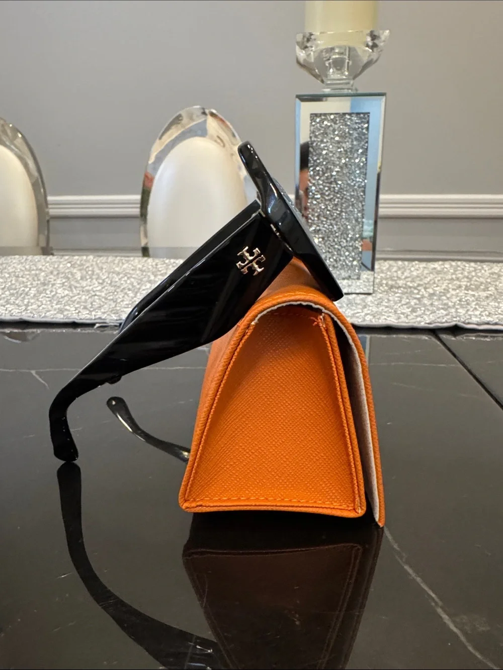 Tory Burch Black Oversized Geometric Sunglasses with Orange Case
